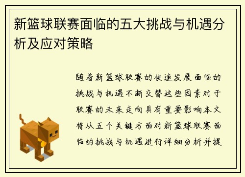 新篮球联赛面临的五大挑战与机遇分析及应对策略 新篮球联赛面临的五大挑战与机遇分析及应对策略