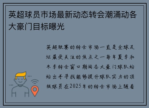 英超球员市场最新动态转会潮涌动各大豪门目标曝光 英超球员市场最新动态转会潮涌动各大豪门目标曝光