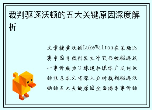 裁判驱逐沃顿的五大关键原因深度解析 裁判驱逐沃顿的五大关键原因深度解析